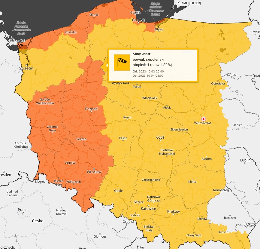 Zasięg i stopień wydanych ostrzeżeń na godzine 12:50