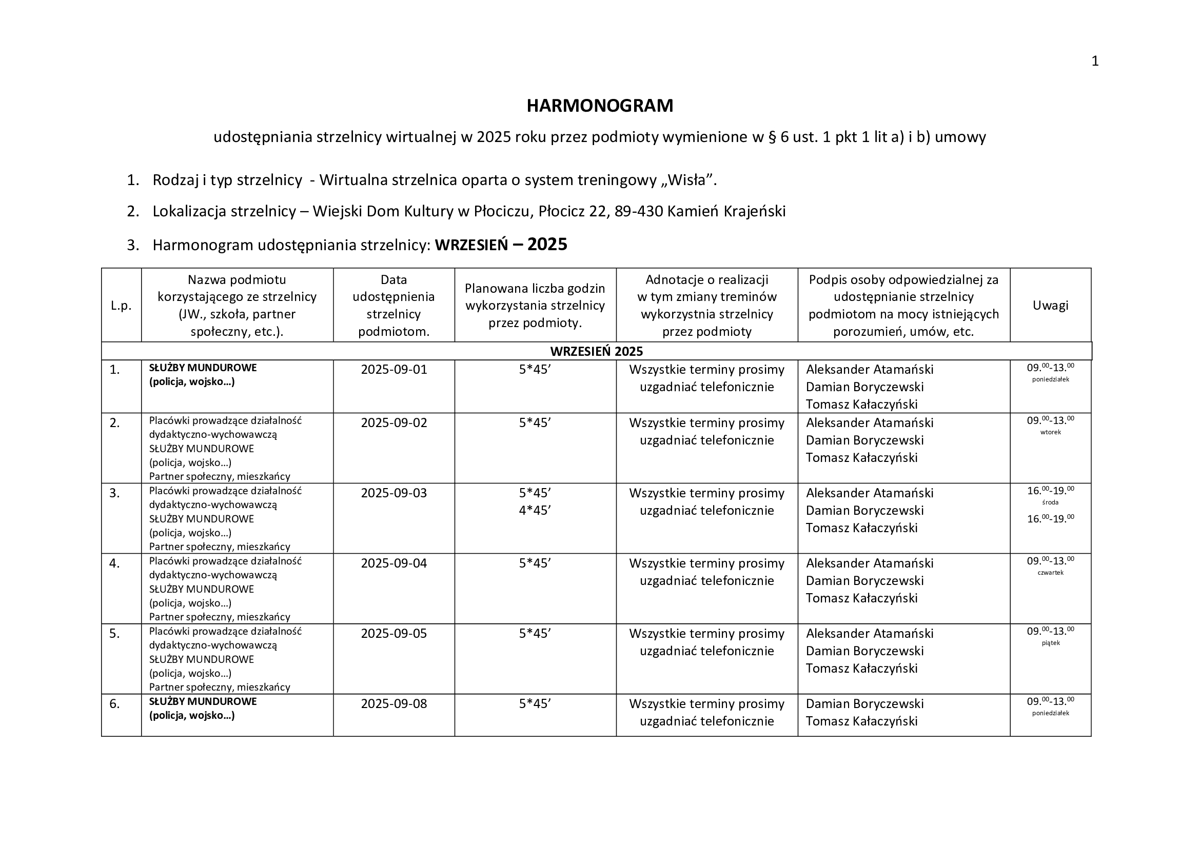 harmonogram wrzesień 1